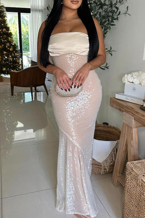 Black Sequins Sleeveless Strapless Bow Decor Mermaid Hem Formal Evening Party Prom Wedding Tube Maxi Dresses
