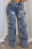 Blue Zipper High Waist Pocket Buttons Patchwork Casual Loose Straight Leg Cargo Denim Jeans