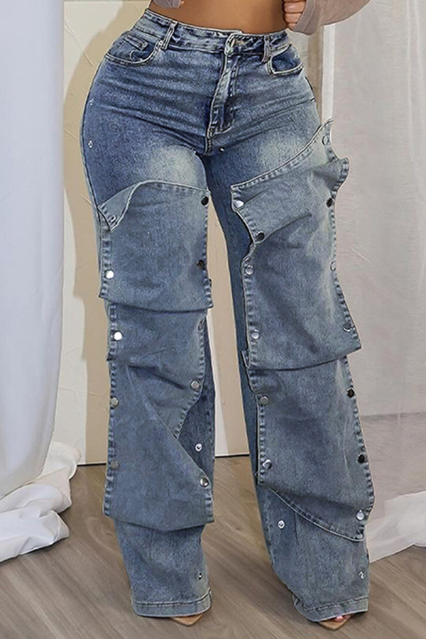 Blue Zipper High Waist Pocket Buttons Patchwork Casual Loose Straight Leg Cargo Denim Jeans