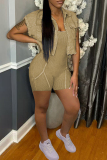 Khaki Turndown Collar Short Sleeve Blouse And Cami Romper Casual Two Pieces Sets