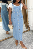 Blue Sleeveless Pocket Buttons Spaghetti Strap Casual Denim Overall Midi Dresses (Without T-shirt)