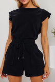 White O Neck Short Sleeve Pocket Casual Vacation Rompers