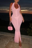 Pink Backless Sleeveless Fringed Hem Vacation Halter Bodycon Maxi Dresses