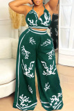 Apricot Graphics Print Backless Sleeveless Belted Halter Crop Tops And Wide Leg Pants Vacation Casual Two Pieces Trouser Sets