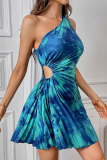 Red Gradient Print Sloping Shoulder Hollow Out Draw String Pleated Sleeveless Mini Dresses