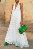 White 3D Flower Decor Backless Sleeveless Flower Shape Vacation Halter Maxi Dresses