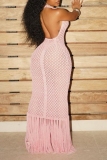 Pink Backless Sleeveless Fringed Hem Vacation Halter Bodycon Maxi Dresses