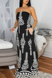 Black Graphics Print Backless Strapless Sleeveless Belted Casual Vacation Tube Tops Wide Leg Jumpsuits
