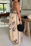 Apricot Graphics Print Backless Sleeveless Belted Halter Crop Tops And Wide Leg Pants Vacation Casual Two Pieces Trouser Sets