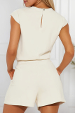 White O Neck Short Sleeve Pocket Casual Vacation Rompers