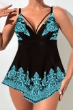 Blue Graphcis Print Sleeveless Backless One Piece Swimdress Beach Vacation Swimwears(With Paddings)