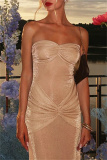 Apricot Backless Strapless Sleeveless Formal Evening Party Prom Ruched Tube Maxi Dresses