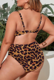 Red Leopard Print Backless Sleeveless Lace Up Spaghetti Strap Beach Vacation Bikini Sets Plus Size Swimwear (With Paddings)