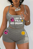 Black Letter Print Sleeveless Spaghetti Strap Cami Crop Tops And Shorts Two Pieces Shorts Sets