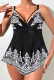 Blue Graphcis Print Sleeveless Backless One Piece Swimdress Beach Vacation Swimwears(With Paddings)
