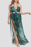 Green Leaf Print Backless Vacation Halter Bikini Set Lace Up Mini Shorts And Slit Maxi Skirt Beach Three Piece Swimsuit Set (With Paddings)