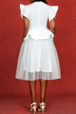 White O Neck Ruffle Sleeve Mesh Puffy Formal Evening Party Prom Wedding Midi Dresses