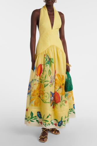 Yellow Floral Print Sleeveless Backless Vacation Halter Maxi Dresses
