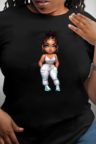 Black Figure Print O Neck Short Sleeve Casual Outing Plus Size Oversize Graphcis T-Shirts