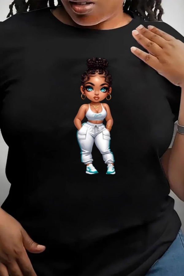 Black Figure Print O Neck Short Sleeve Casual Outing Plus Size Oversize Graphcis T-Shirts