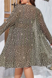 Khaki Ombre Print Long Sleeve Tops Backless Halter Bikini Set Lace Up Mini Shorts Beach Vacation Three Piece Swimsuit Set (With Paddings)