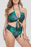 Green Leaf Print Backless Vacation Halter Bikini Set Lace Up Mini Shorts And Slit Maxi Skirt Beach Three Piece Swimsuit Set (With Paddings)