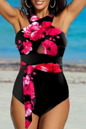 Rose Red Floral Print Backless Sleeveless Belt One Pieces Swimsuits Plus Size Vacation Swimwear (With Paddings)