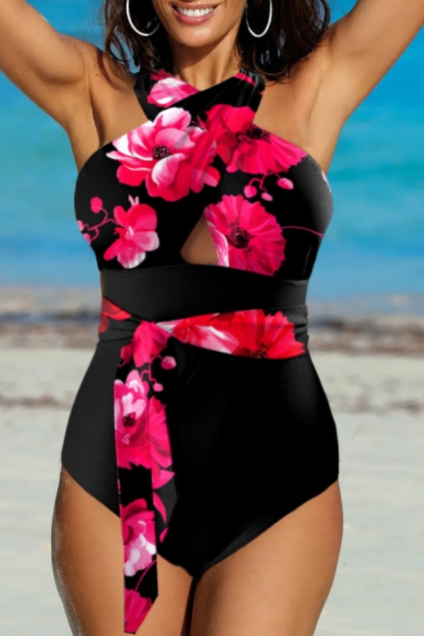 Rose Red Floral Print Backless Sleeveless Belt One Pieces Swimsuits Plus Size Vacation Swimwear (With Paddings)