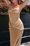 Apricot Backless Strapless Sleeveless Formal Evening Party Prom Ruched Tube Maxi Dresses