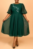 Dark Green Hot Drilling O Neck Puff Sleeve A Line Formal Evening Party Prom Wedding Guest Plus Size Mesh Pleated Midi Dresses