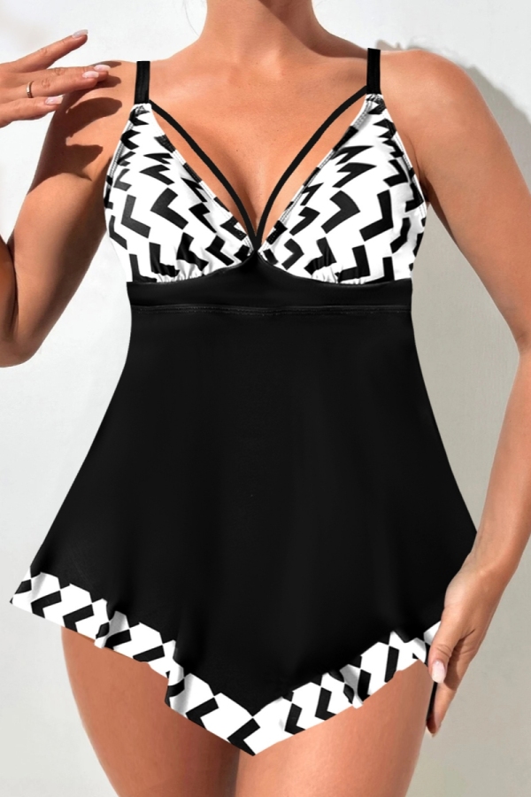 Blue Graphcis Print Sleeveless Backless One Piece Swimdress Beach Vacation Swimwears(With Paddings)