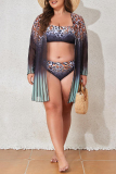 Multicolor Ombre Print Long Sleeve Tops Backless Halter Bikini Set Lace Up Mini Skirt Beach Vacation Three Piece Swimsuit Set (With Paddings)