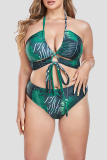 Green Leaf Print Backless Vacation Halter Bikini Set Lace Up Mini Shorts And Slit Maxi Skirt Beach Three Piece Swimsuit Set (With Paddings)