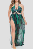 Green Leaf Print Backless Vacation Halter Bikini Set Lace Up Mini Shorts And Slit Maxi Skirt Beach Three Piece Swimsuit Set (With Paddings)