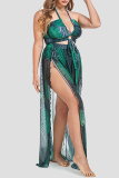Green Leaf Print Backless Vacation Halter Bikini Set Lace Up Mini Shorts And Slit Maxi Skirt Beach Three Piece Swimsuit Set (With Paddings)