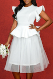 White O Neck Ruffle Sleeve Mesh Puffy Formal Evening Party Prom Wedding Midi Dresses