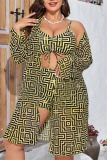 Khaki Ombre Print Long Sleeve Tops Backless Halter Bikini Set Lace Up Mini Shorts Beach Vacation Three Piece Swimsuit Set (With Paddings)