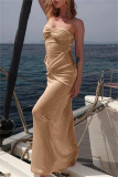 Apricot Backless Strapless Sleeveless Formal Evening Party Prom Ruched Tube Maxi Dresses
