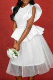 White O Neck Ruffle Sleeve Mesh Puffy Formal Evening Party Prom Wedding Midi Dresses