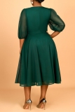 Dark Green Hot Drilling O Neck Puff Sleeve A Line Formal Evening Party Prom Wedding Guest Plus Size Mesh Pleated Midi Dresses