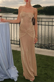Apricot Backless Strapless Sleeveless Formal Evening Party Prom Ruched Tube Maxi Dresses