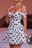 White Polka Dot Print Sleeveless Backless Off Shoulder Party Vacation Ball Gown Bubble Mini Dresses