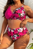 Green Floral Print Backless Sleeveless Spaghetti Strap V Neck Bikini Sets Beach Vacation Plus Size Swimwear (With Paddings)