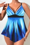 Blue Graphcis Print Sleeveless Backless One Piece Swimdress Beach Vacation Swimwears(With Paddings)