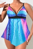Blue Graphcis Print Sleeveless Backless One Piece Swimdress Beach Vacation Swimwears(With Paddings)