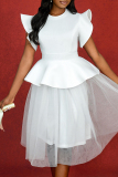 White O Neck Ruffle Sleeve Mesh Puffy Formal Evening Party Prom Wedding Midi Dresses