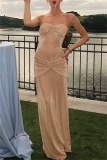 Apricot Backless Strapless Sleeveless Formal Evening Party Prom Ruched Tube Maxi Dresses