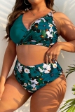 Green Floral Print Backless Sleeveless Spaghetti Strap V Neck Bikini Sets Beach Vacation Plus Size Swimwear (With Paddings)