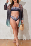 Multicolor Ombre Print Long Sleeve Tops Backless Halter Bikini Set Lace Up Mini Skirt Beach Vacation Three Piece Swimsuit Set (With Paddings)