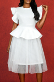 White O Neck Ruffle Sleeve Mesh Puffy Formal Evening Party Prom Wedding Midi Dresses